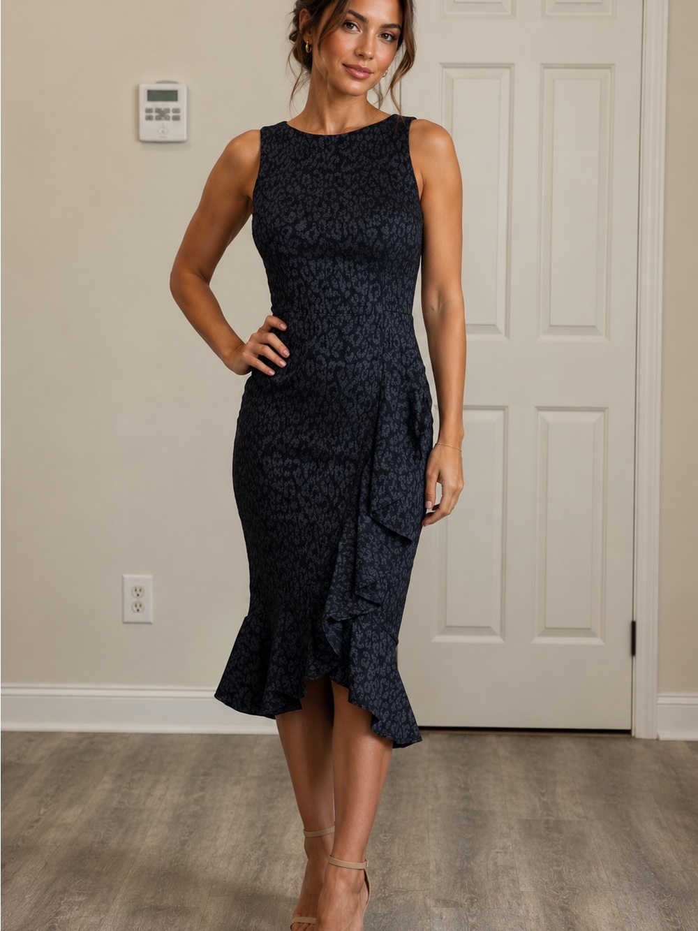 Calvin Klein Navy Sleeveless Ruffled Midi Dress